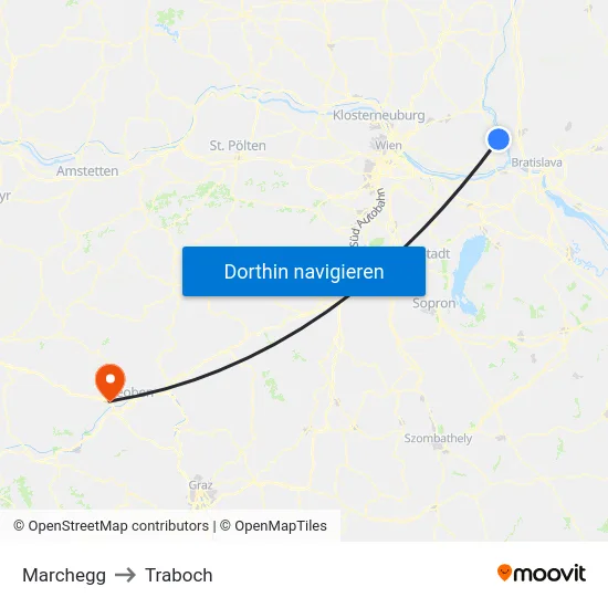 Marchegg to Traboch map