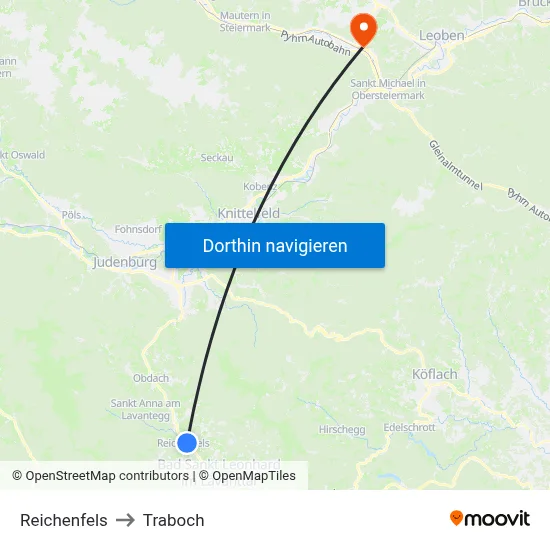 Reichenfels to Traboch map