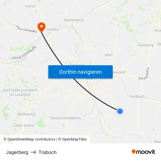 Jagerberg to Traboch map