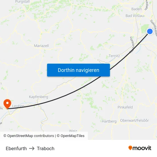 Ebenfurth to Traboch map