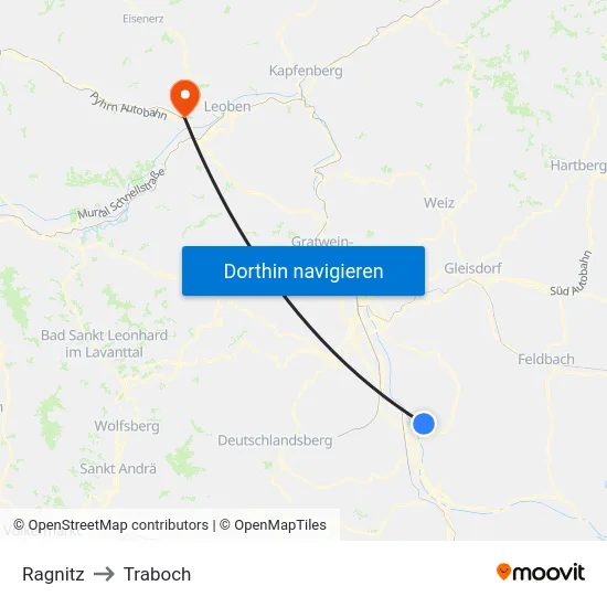 Ragnitz to Traboch map