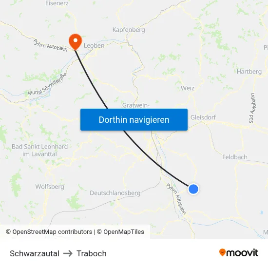 Schwarzautal to Traboch map