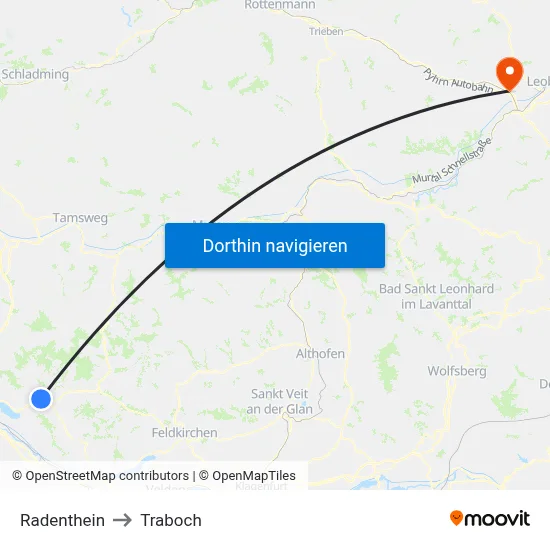 Radenthein to Traboch map