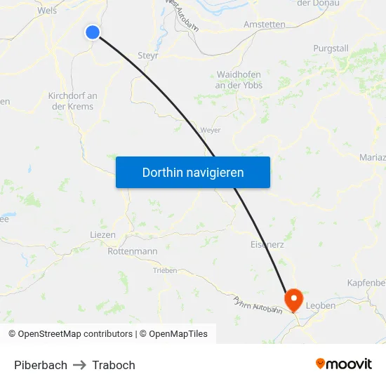 Piberbach to Traboch map