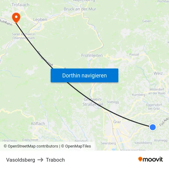 Vasoldsberg to Traboch map