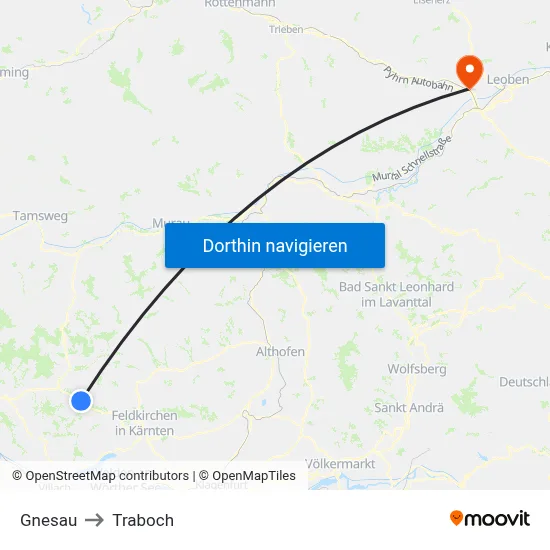 Gnesau to Traboch map