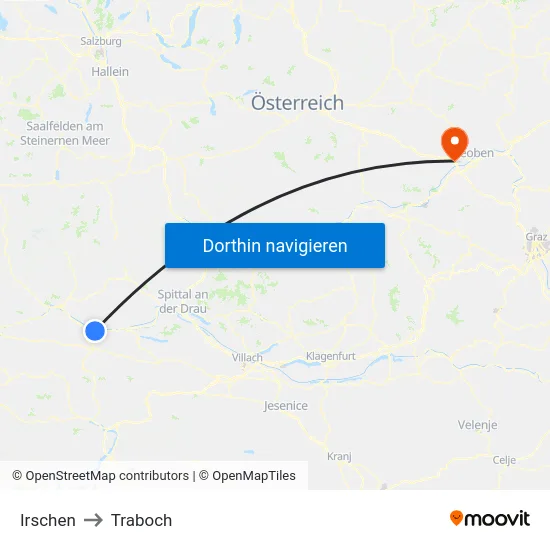 Irschen to Traboch map