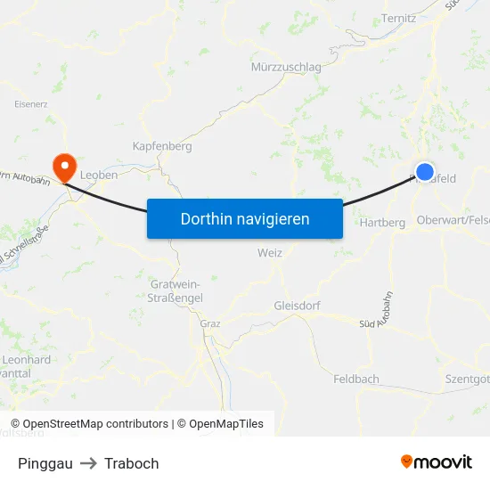 Pinggau to Traboch map