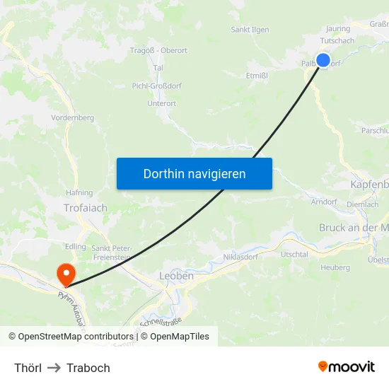 Thörl to Traboch map