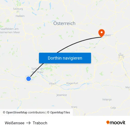 Weißensee to Traboch map