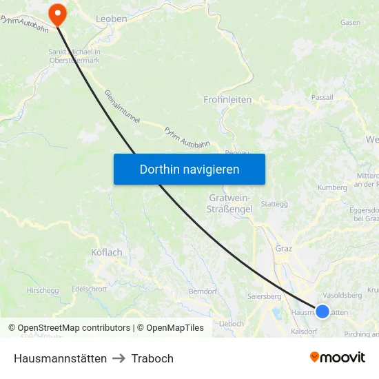 Hausmannstätten to Traboch map