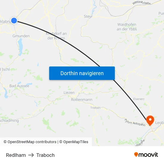 Redlham to Traboch map