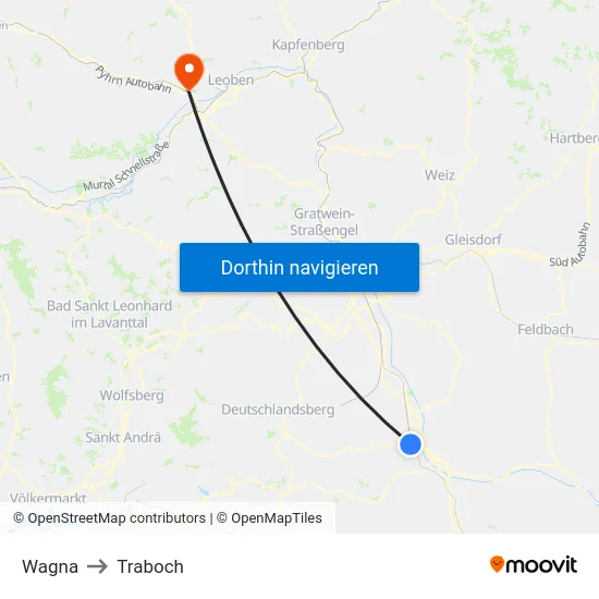 Wagna to Traboch map