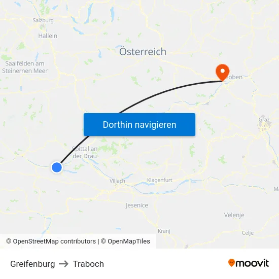Greifenburg to Traboch map