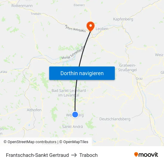 Frantschach-Sankt Gertraud to Traboch map