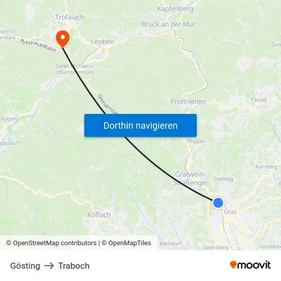 Gösting to Traboch map