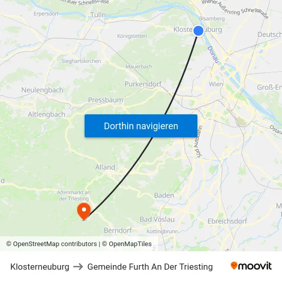 Klosterneuburg to Gemeinde Furth An Der Triesting map