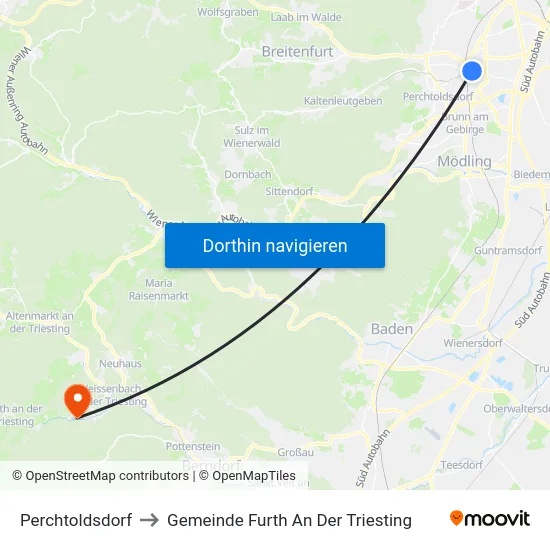 Perchtoldsdorf to Gemeinde Furth An Der Triesting map