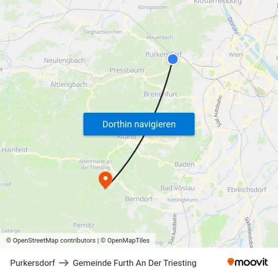 Purkersdorf to Gemeinde Furth An Der Triesting map