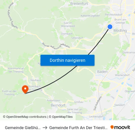 Gemeinde Gießhübl to Gemeinde Furth An Der Triesting map