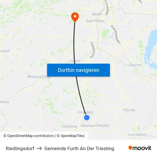 Riedlingsdorf to Gemeinde Furth An Der Triesting map