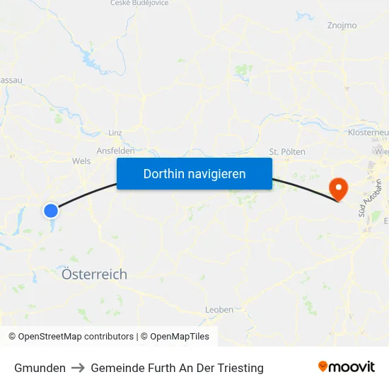Gmunden to Gemeinde Furth An Der Triesting map