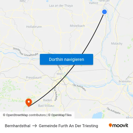 Bernhardsthal to Gemeinde Furth An Der Triesting map