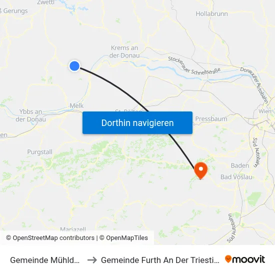 Gemeinde Mühldorf to Gemeinde Furth An Der Triesting map