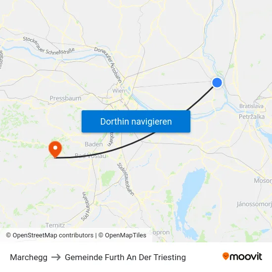 Marchegg to Gemeinde Furth An Der Triesting map