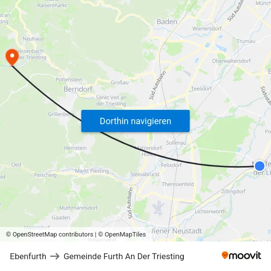 Ebenfurth to Gemeinde Furth An Der Triesting map