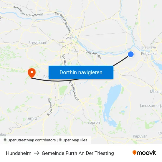 Hundsheim to Gemeinde Furth An Der Triesting map