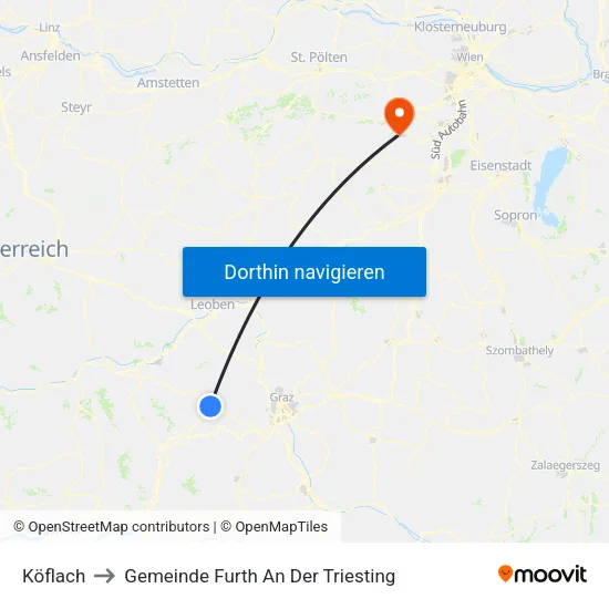 Köflach to Gemeinde Furth An Der Triesting map