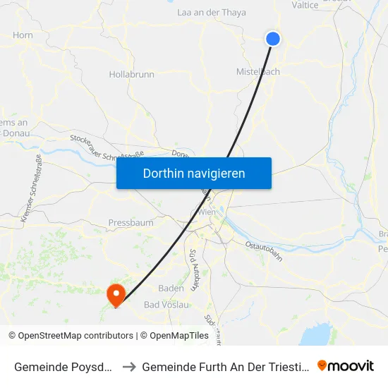 Gemeinde Poysdorf to Gemeinde Furth An Der Triesting map