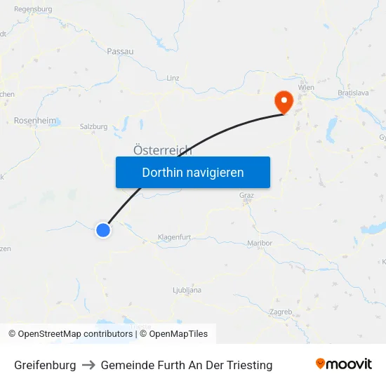 Greifenburg to Gemeinde Furth An Der Triesting map