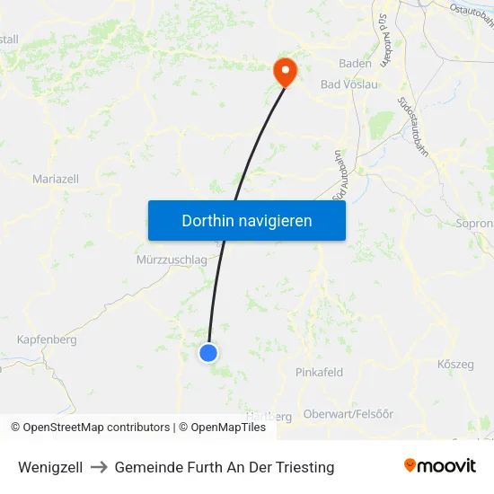 Wenigzell to Gemeinde Furth An Der Triesting map