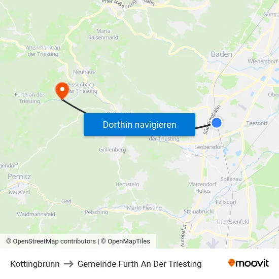 Kottingbrunn to Gemeinde Furth An Der Triesting map