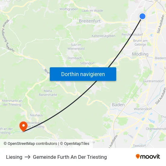 Liesing to Gemeinde Furth An Der Triesting map