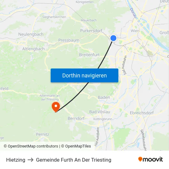 Hietzing to Gemeinde Furth An Der Triesting map