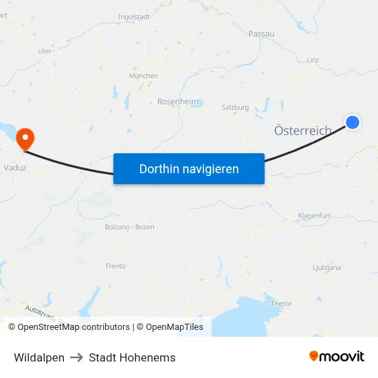 Wildalpen to Stadt Hohenems map