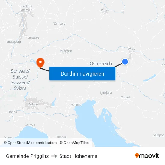 Gemeinde Prigglitz to Stadt Hohenems map
