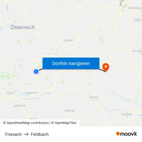 Friesach to Feldbach map