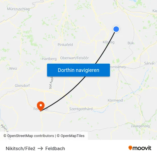 Nikitsch/Filež to Feldbach map