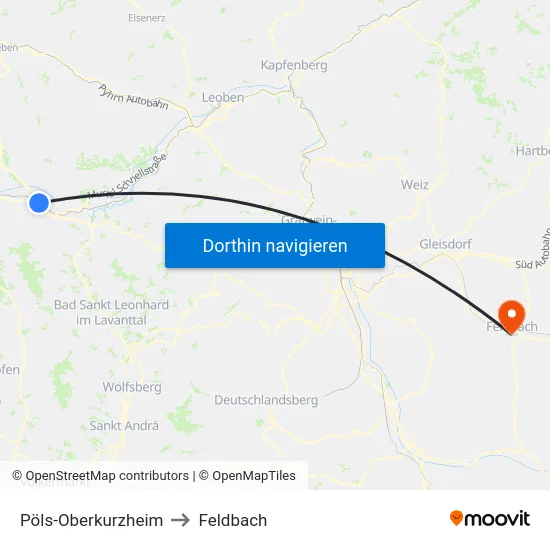 Pöls-Oberkurzheim to Feldbach map