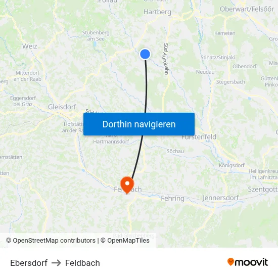 Ebersdorf to Feldbach map