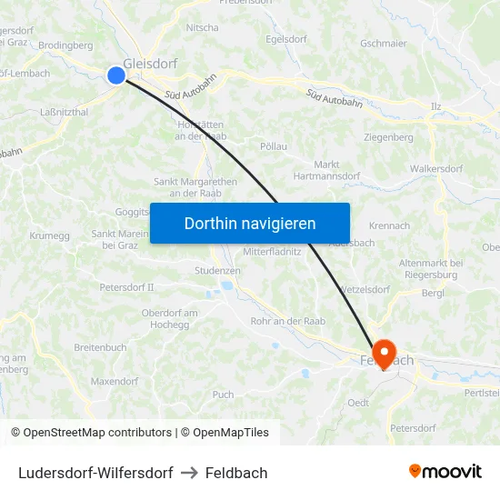 Ludersdorf-Wilfersdorf to Feldbach map