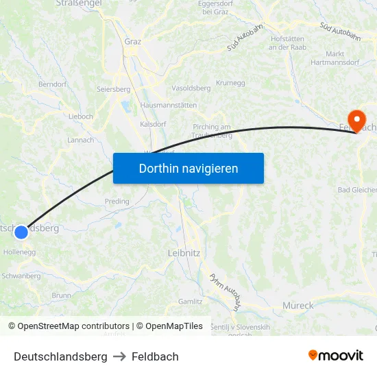Deutschlandsberg to Feldbach map