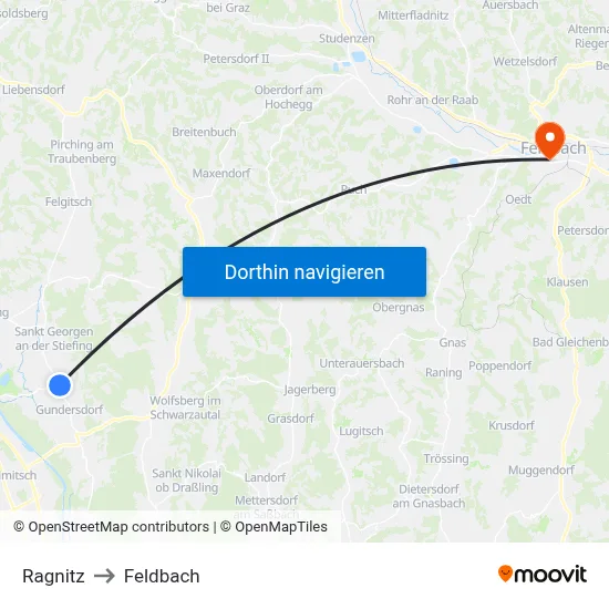 Ragnitz to Feldbach map