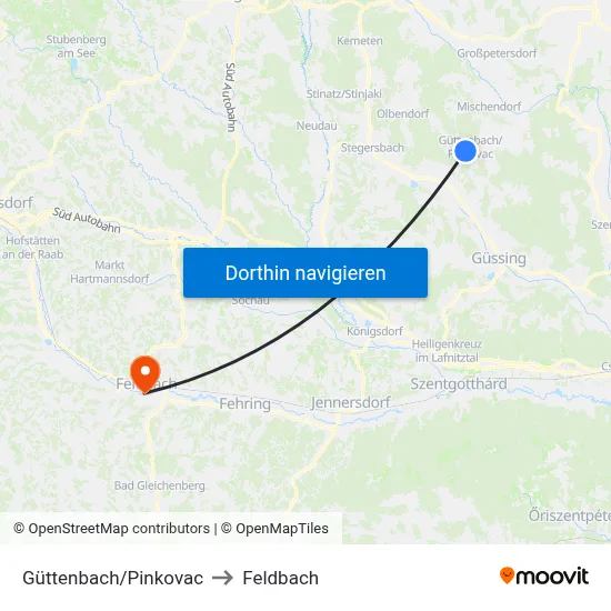 Güttenbach/Pinkovac to Feldbach map