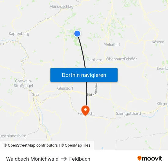 Waldbach-Mönichwald to Feldbach map