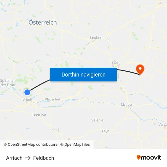 Arriach to Feldbach map